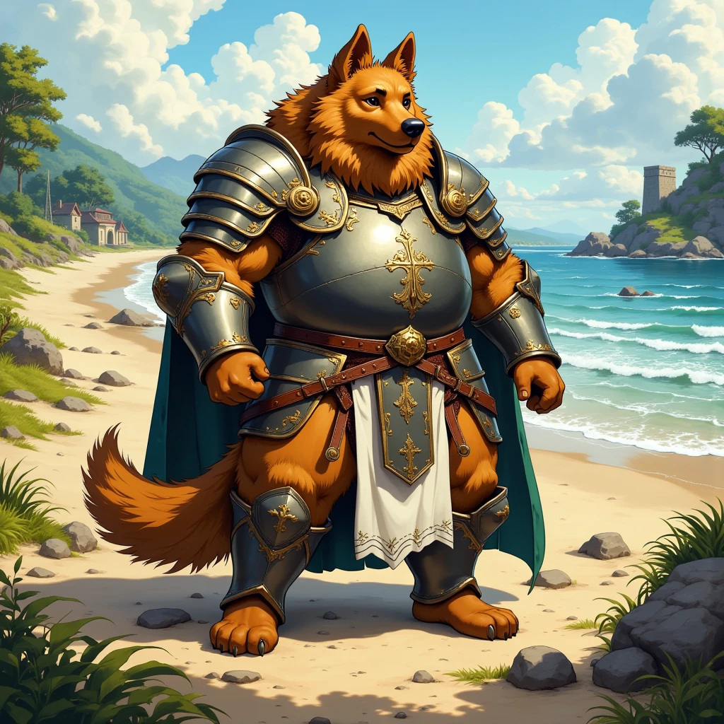 character focus, full body, looking away, various angle, european fantasy, a plump middle-aged german shepherd man, clothed, heroic costume, full armor, pants, dynamic pose, BREAK complete anatomy, perfect proportions, beautiful thigh gap, fluffy body, intricate fur details, beautiful fur texture, BREAK a detailed german shepherd tail, detailed boots, detailed foot, detailed hands, 5fingers, 5fingers nails, BREAK aesthetic anime face, insanity detailed face, male face, big face, square jawline, aesthetic anime eyes, detailed brown eyes, detailed brown cornea, detailed dark brown irises, detailed pupils, male eyes, big eyes, male eyebrows, innocent look, beautiful beard, BREAK full body in Michelangelo Buonarroti style, digital illustration anime, detailed painting landscape, beach, path, outdoor, full color, HDR, BREAK masterpiece, official art, best quality, very aesthetic, absurdres, super fine illustration, great quality, BREAK noise reduction, very highres, large filesize, high quality, 32K, 8k wallpaper, dynamic lighting, BREAK insanity detailed, ultra detailed, intricate details, extremely detailed, detailed texture, an extremely delicate and beautiful, BREAK osukemo, e621 illustration, kemohomo, anthropomorphic, furry, cartoon, harmonious body, pastoral face, virtuous eyes, epic atmosphere