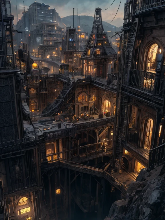 A large mecahnical city underground. Steampunk style. Large number of buildings. Some mining can be seen