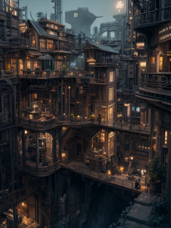 A large mecahnical city underground. Steampunk style. Large number of buildings. Some mining can be seen