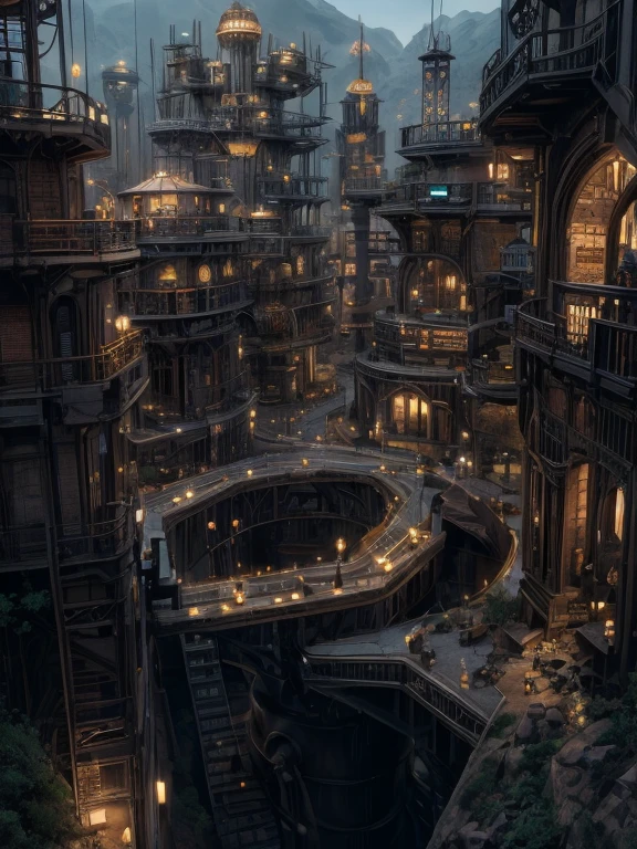 A large mecahnical city underground. Steampunk style. Large number of buildings. Some mining can be seen