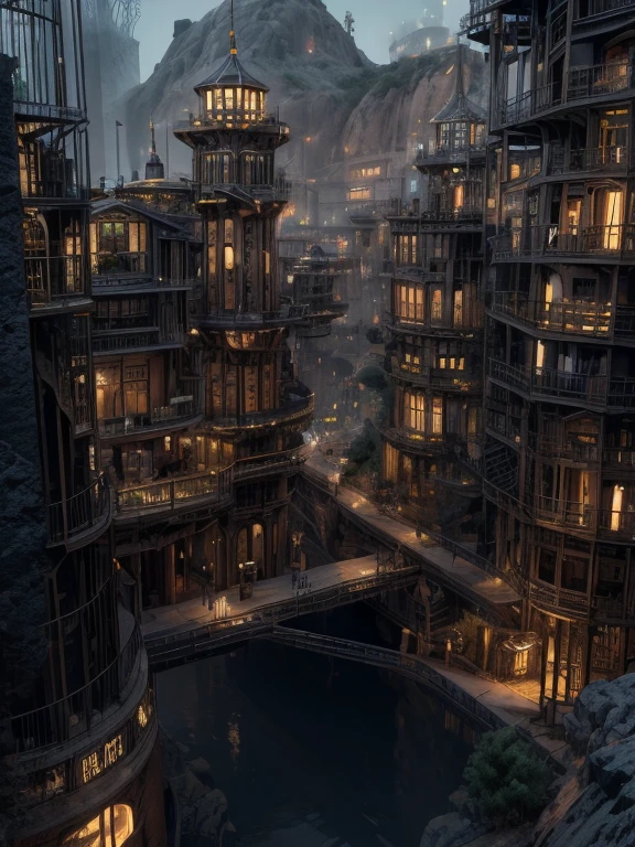 A large mecahnical city underground. Steampunk style. Large number of buildings. Some mining can be seen