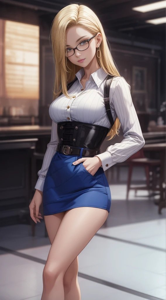 (masterpiece, extremely detailed, best quality, (perfect beautiful face:1.2), high resolution), (gorgeus gal, gyaru, brown eyes, (long pale blonde hair:1.2), narrow waist, big round butt, shaply thights, (tanned skin:1.3), (dark skin:1.4), wide hips), (wearing black business outfit, formal blazer, white blouse, red tie, high waist black business skirt, short miniskirt), standing, full shot, beautiful detailed eyes, mature lady, perfect body, (looking at viewer, facing viewer), sexy pose, (solo:1.4), (cinematic lighting, CG, 4k, sharp),