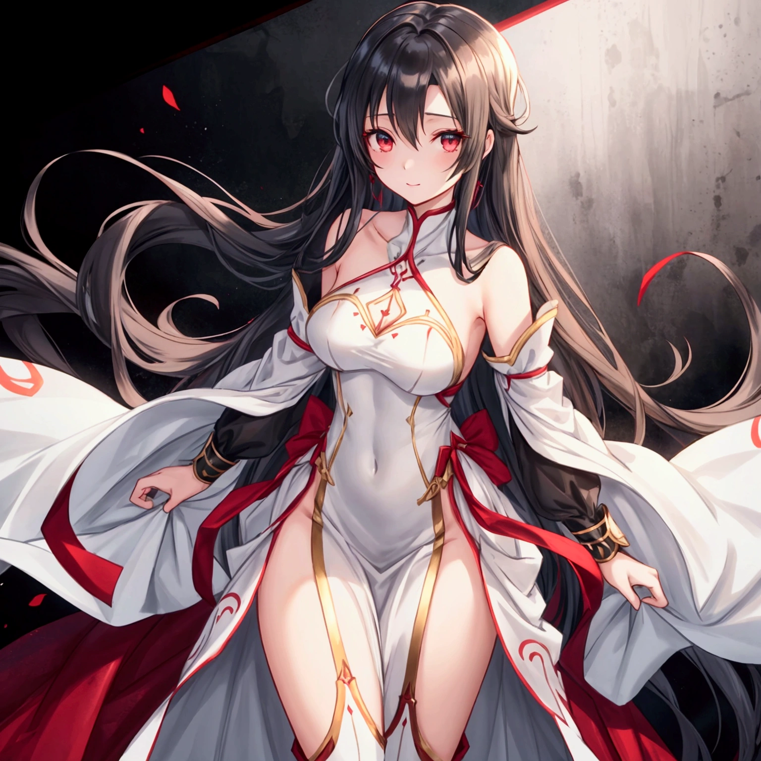 "A slender woman with long, flowing black hair, standing at 160 cm tall, weighing 45 kg, with a petite chest. Her eyes are a soft, pale blue, giving her a mysterious aura. She is wearing an outfit inspired by Asuna from SAO, featuring a sleek and elegant white dress with red and silver armor-like accents. The outfit includes intricate details, such as a fitted bodice, red ribbons, and metallic designs on the sleeves and boots, giving her a warrior-like yet graceful appearance. The image is rendered in ultra-high quality, capturing every fine detail with stunning clarity, from the delicate folds of the fabric to the shining armor pieces."