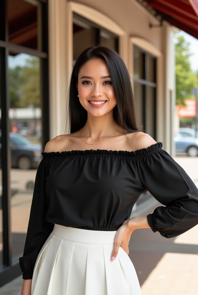 photography, model shoot, cowboy shot of a woman wearing a black off shoulder shirt and white skirt standing outside a cafe, she is posing, she has pretty lipstick, she is smiling, bright color, day light