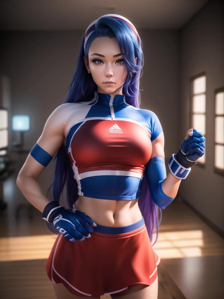 20-year-old woman, alone, alone, athletic, sexy body, wears a short red skirt and blue shorts under the skirt, wears a red and blue top close to her body, wears blue exercise gloves that cover almost her entire forearm, headband on her head with a star, long blue hair flowing, blue sneakers, looks at the viewer very happy, cinematic, ultra-sharp focus, award-winning photography, perfect contrast, high sharpness, depth of field. ultra detailed photography, global illumination, fluid, ultra high definition, 8k, Unreal Engine 5, ultra sharp focus, award winning photography, art season trends,
