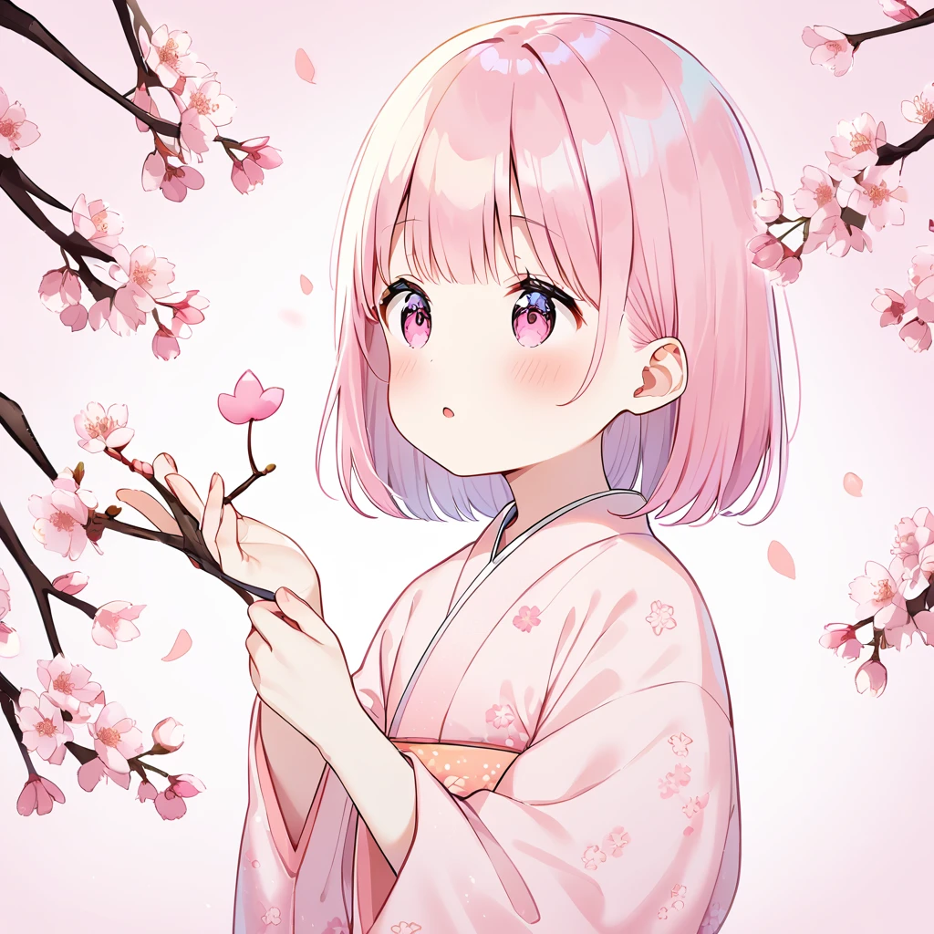 Pink Straight Hair，Pale pink kimono with cherry branches ，Holding a cherry branch in your hand，background, A beautiful row of cherry blossom trees in full bloom ， She is a kind person , cute, slim, A ite and sweet girl, colorful and lively movements 