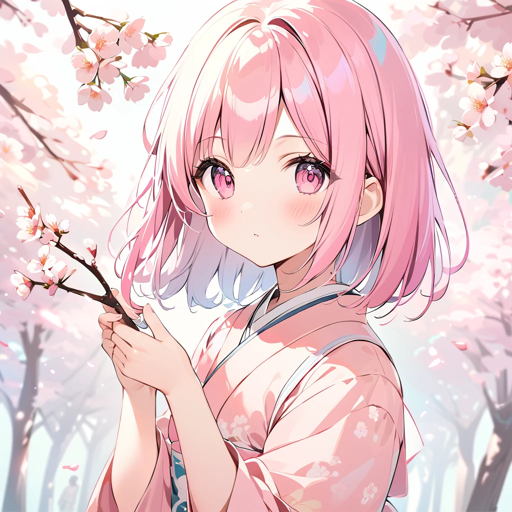 Pink Straight Hair，Pale pink kimono with cherry branches ，Holding a cherry branch in your hand，background, A beautiful row of cherry blossom trees in full bloom ， She is a kind person , cute, slim, A petite and sweet girl, colorful and lively movements 