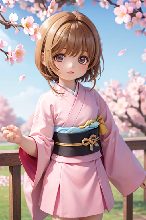 Pink Straight Hair，Pale pink kimono with cherry branches ，Holding a cherry branch in your hand，background, A beautiful row of cherry blossom trees in full bloom ， She is a kind person , cute, slim, A petite and sweet girl, colorful and lively movements 