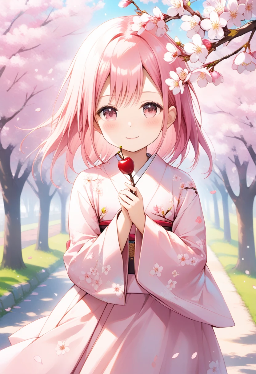 Pink Straight Hair，Pale pink kimono with cherry branches ，Holding a cherry branch in your hand，background, A beautiful row of cherry blossom trees in full bloom ， She is a kind person , cute, slim, A ite and sweet girl, colorful and lively movements 