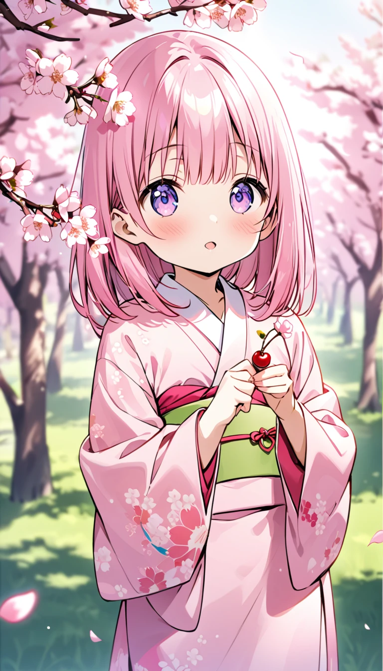 Pink Straight Hair，Pale pink kimono with cherry branches ，Holding a cherry branch in your hand，background, A beautiful row of cherry blossom trees in full bloom ， She is a kind person , cute, slim, A ite and sweet girl, colorful and lively movements 