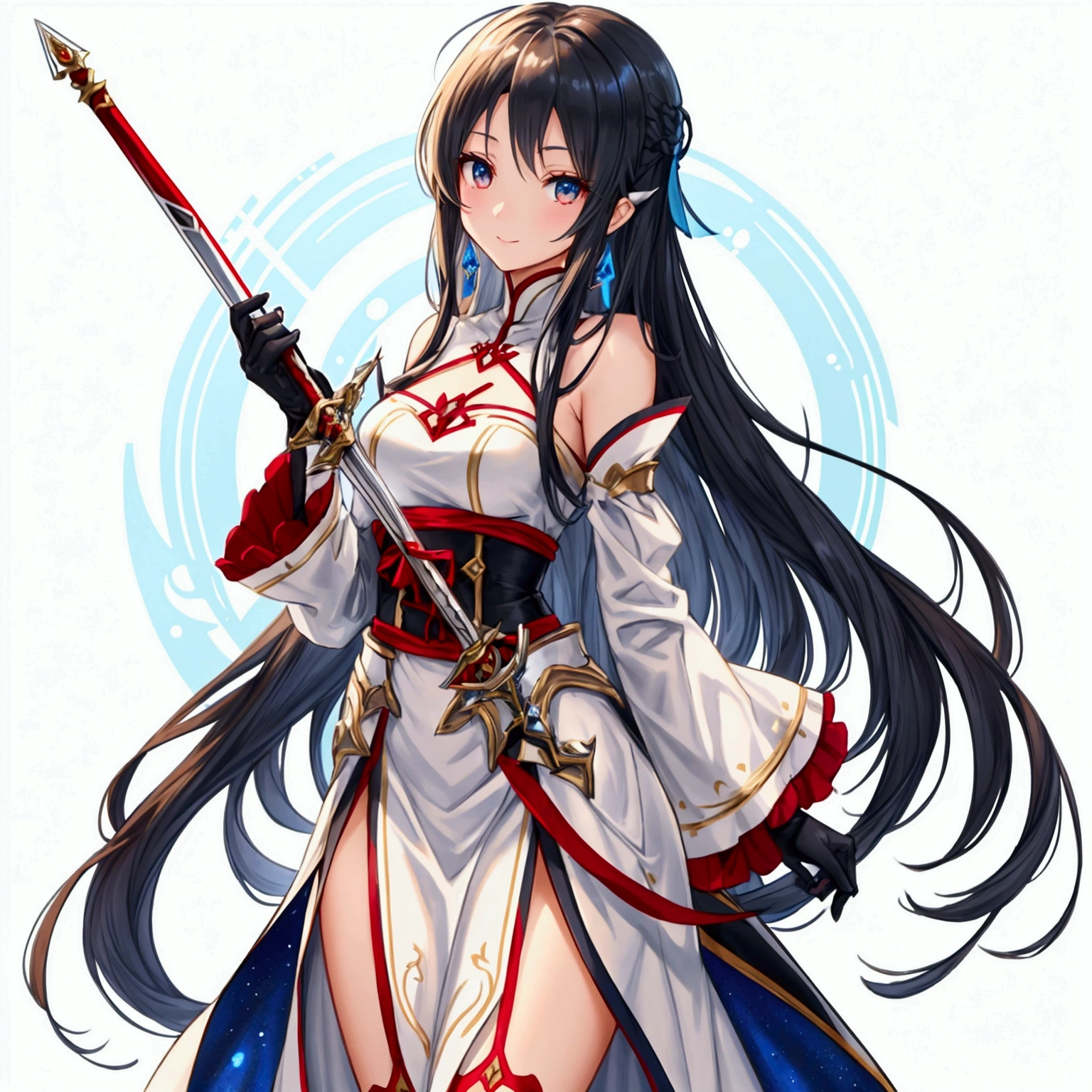 "A slender woman with long, flowing black hair, standing at 160 cm tall, weighing 45 kg, with a petite chest. Her eyes are a soft, pale blue, giving her a mysterious aura. She is wearing an outfit inspired by Asuna from SAO, featuring a sleek and elegant white dress with red and silver armor-like accents. The outfit includes intricate details, such as a fitted bodice, red ribbons, and metallic designs on the sleeves and boots, giving her a warrior-like yet graceful appearance. In her hand, she holds a slender, elegant rapier inspired by Asuna’s weapon from SAO. The rapier has a beautifully designed hilt with silver and blue accents, and the blade itself is long and gleaming, perfect for quick, precise strikes. The image is rendered in ultra-high quality, capturing every fine detail with stunning clarity, from the delicate folds of the fabric to the shining armor pieces, and the intricate design of the rapier."

