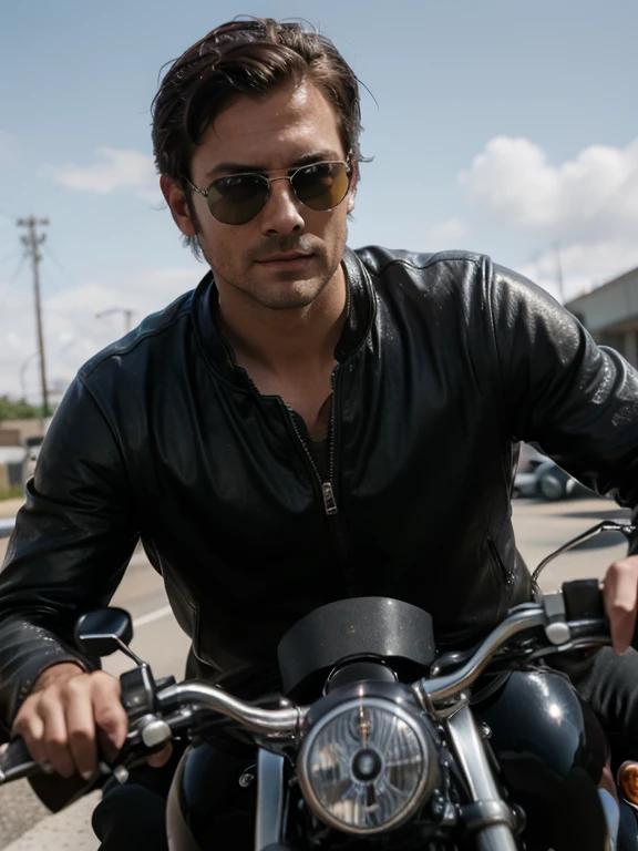 Handsome dark-haired man, (well shaved, no beard), wears Rayban Aviator Sunglasses, Riding a heavy BMW motorcycle, (eyes to camera, looking at viewer), UHD, masterpiece, textured skin, super detail, high details, best quality, highres,