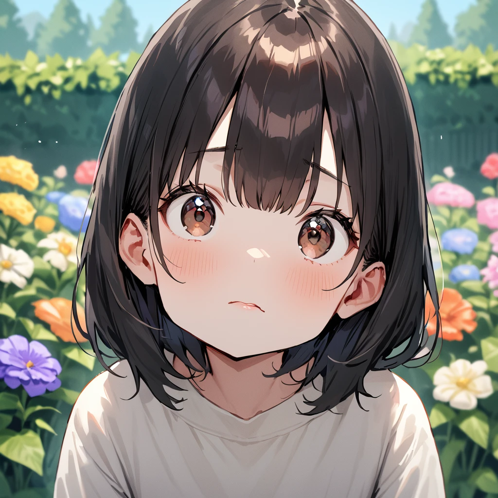  masterpiece,  absurd,  perfect face, Alone cute expression,  perfect face, Ponsuke P  ,  1 girl, Alone, Black Hair , Dark brown eyes , Bright Eyes, Cleft lip, , cute, garden, day, flower.