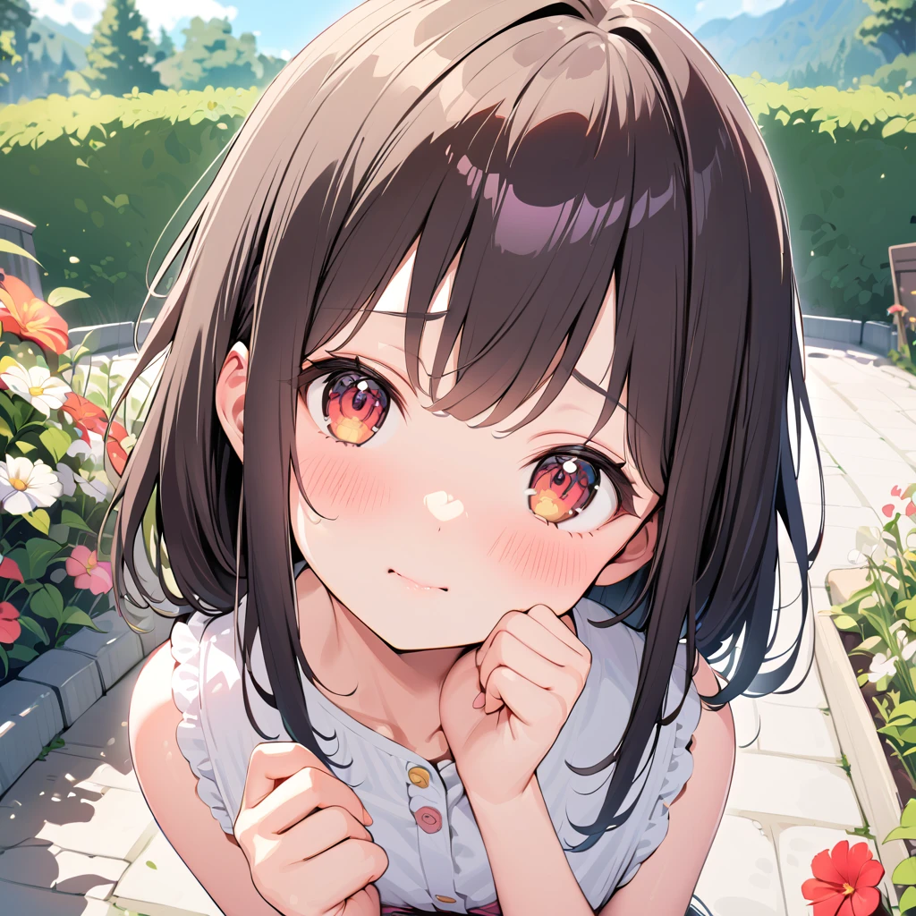  masterpiece,  absurd,  perfect face, Alone cute expression,  perfect face, Ponsuke P  ,  1 girl, Alone, Black Hair , Dark brown eyes , Bright Eyes, Cleft lip, , cute, garden, day, flower.