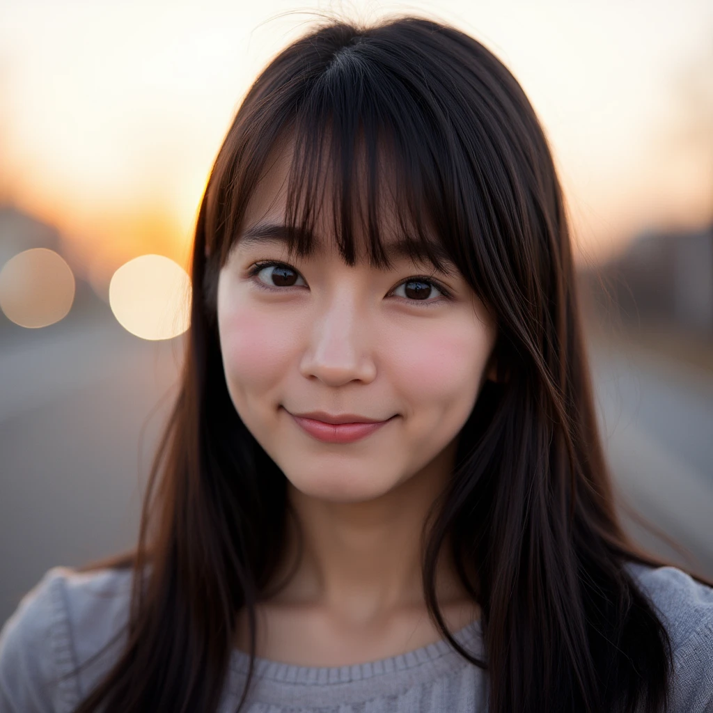 closed lips, cute smile, cinematic photo (art by Mathias Goeritz:0.9) , photograph, from side, most beautiful British-Japanese girl, Random expression,The setting sun, cloud, tilt shift, H, specular lighting, film grain, Samsung Galaxy, F/5, (cinematic still:1.2), freckles . 35mm photograph, film, bokeh, professional, 4k, highly detailed ,1 girl,midjourney,yuzu, perfect, fingers, ,Extremely Realistic