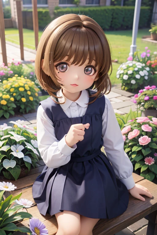  masterpiece,  absurd,  perfect face, Alone cute expression,  perfect face, Ponsuke P  ,  1 girl, Alone, Black Hair , Dark brown eyes , Bright Eyes, Cleft lip, , cute, garden, day, flower.