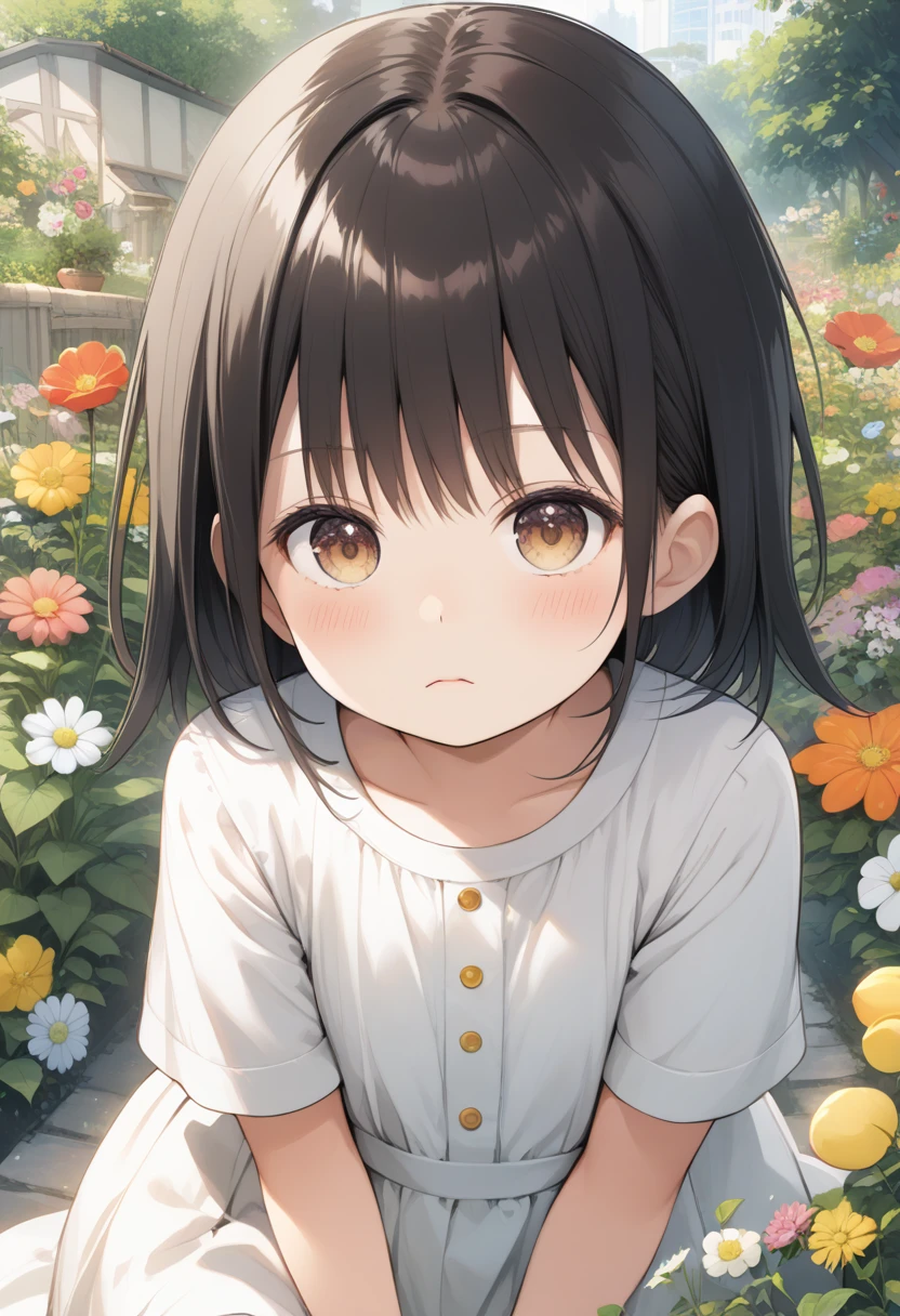  masterpiece,  absurd,  perfect face, Alone cute expression,  perfect face, Ponsuke P  ,  1 girl, Alone, Black Hair , Dark brown eyes , Bright Eyes, Cleft lip, , cute, garden, day, flower.