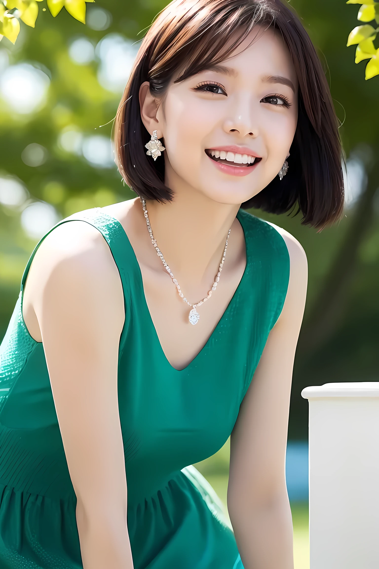 ((masterpiece)), ((Highest quality)), (Very detailedな), ((beautiful)), cute, (Lovely), ((Very detailed)), 4K, (8K), Highest quality, (beautiful), shape, Face Zoom,front、Looking at the camera, Green grassland, , Beautiful woman, Japanese, alone, beautiful red hair, beautiful brown eyes, ((beautiful eyes)), (light brown skin), (short hair:1.2), hair ornaments, Earrings, A light smile, Lens flare, Shiny