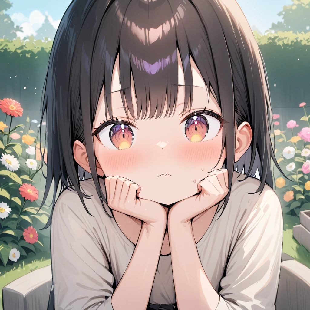  masterpiece,  absurd,  perfect face, Alone cute expression,  perfect face, Ponsuke P  ,  1 girl, Alone, Black Hair , Dark brown eyes , Bright Eyes, Cleft lip, , cute, garden, day, flower.