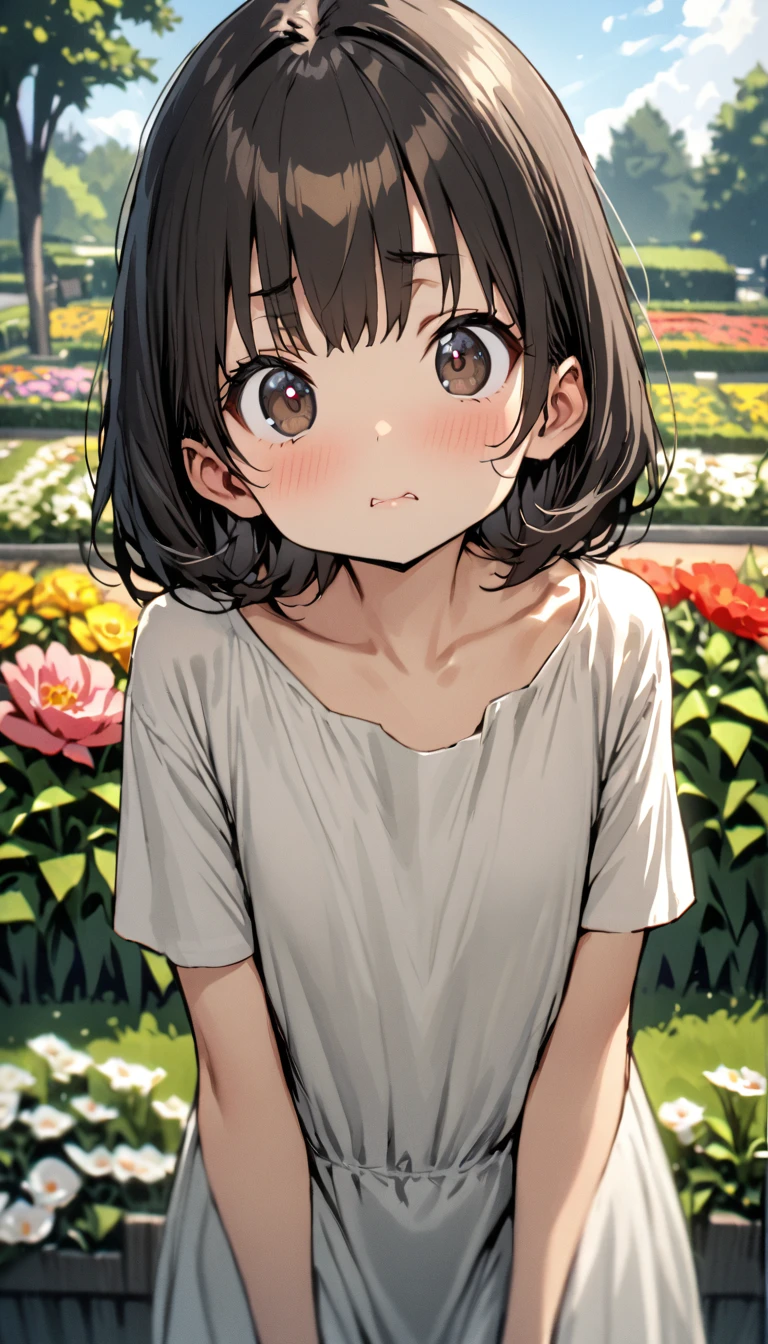  masterpiece,  absurd,  perfect face, Alone cute expression,  perfect face, Ponsuke P  ,  1 girl, Alone, Black Hair , Dark brown eyes , Bright Eyes, Cleft lip, , cute, garden, day, flower.