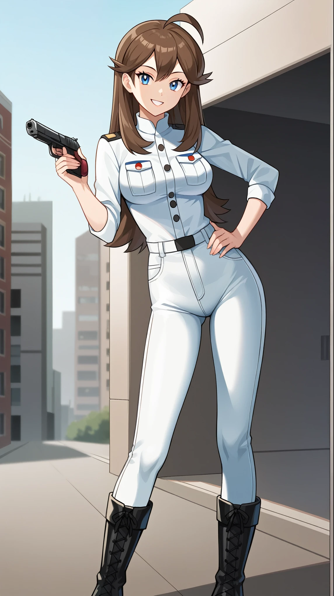  score_9,  score_8_Excellent,  score_7_Excellent,  score_6_Excellent, Best Quality, sauce_Anime, cel shading,  flat color , vector,  detailed background, town, Break 1 Girl, Alone, (\Pokémon\), Brown Hair, Long Hair, blue eyes, White military uniform , Ample breasts,  WATCH VIEWERS , 1 Female, Age 18, Place one hand on your hip, whole body,  slim figure, Outdoor, Black Boots,  seductive smile, Sexy smile, Ahoge, White jeans, Pistol, building, tall,  standing,
