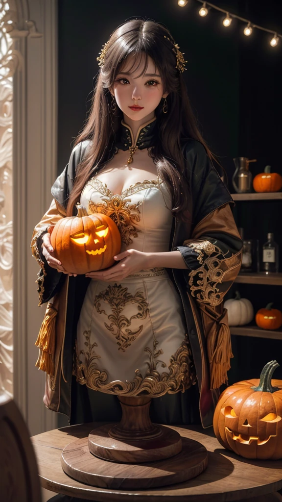 ( Cute Girl Carved with a Big Pumpkin：1.1），（whole body）， Beautiful Long Haired Girl ， Retro Coat Long Skirt ，16k，orange，peace of mind，  Honest Dining Table Background ， Fruit Carving ， Food Sculpture ，Three-dimensional sculpture，Stage Art ， Food Sculpture デザイン， close, Rotated, Rococo style, classicism,  depth of field, 超 High Resolution , masterpiece, Accurate,   Super Details ,  Growing from a High Place ,  high quality,  Award-winning,  best quality,  High Resolution , 16k，Soft Light Illumination，