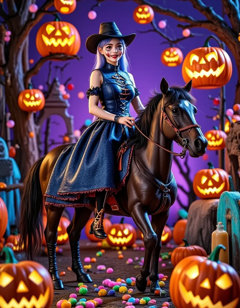  A lovely photographic image ，Halloween night， ghost wearing a blue denim costume，Ride on a horse， behind it is a graveyard ，Cowboy blue light blue ，Cowboy hat，Jack-o&#39;-lantern，Halloween elements，photograph， purple night background ，(Realistic Photography)