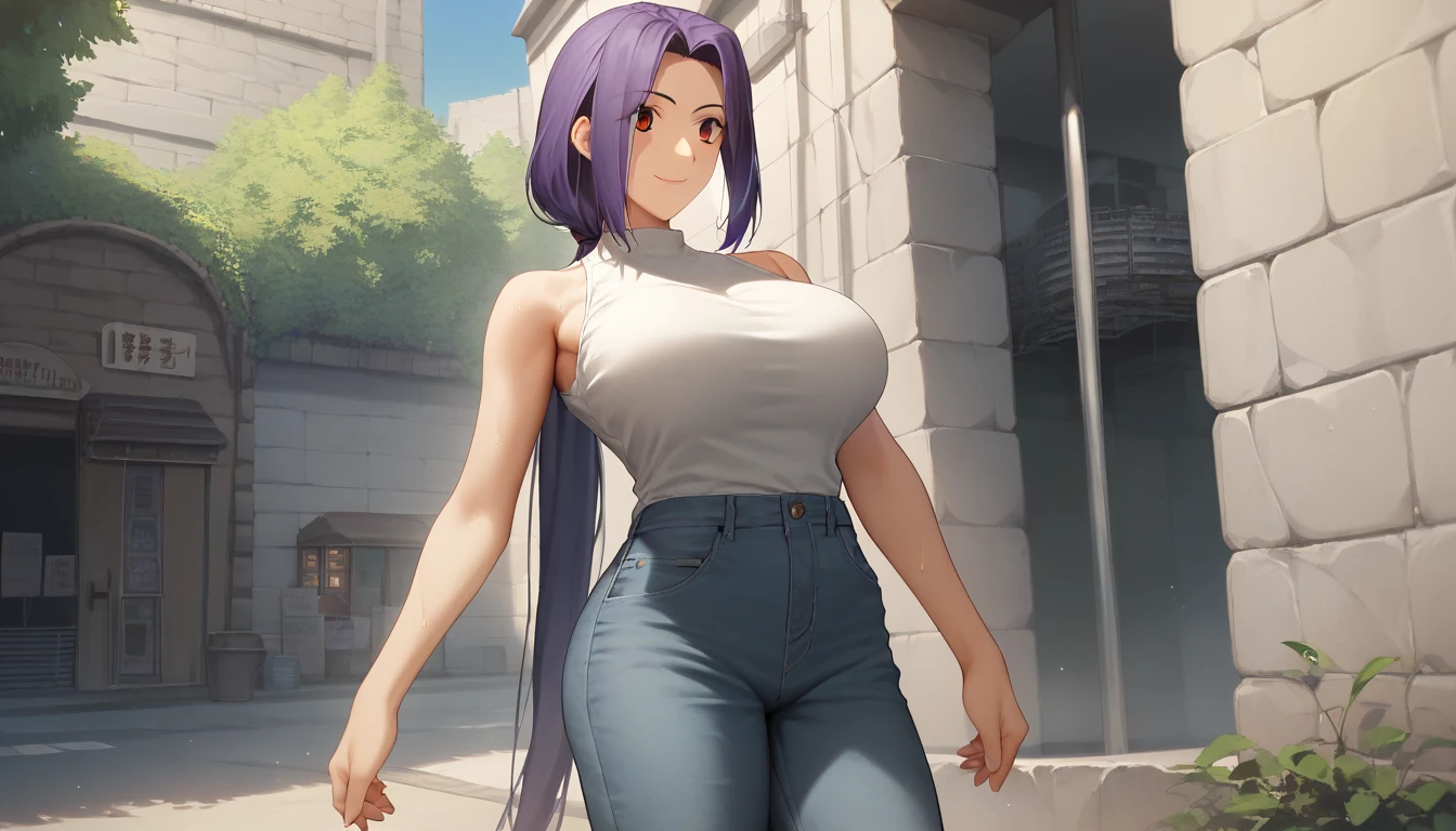  score_9,  score_8_up,  score_7_up, One Girl,smile, Hirokazu Koyama ,Sweaty,sexy, pixel perfect,Large Breasts,  anatomically correct,  masterpiece,Very sophisticated ,8k,Outdoor,(It fits the body, white shirt , sleeveless,Thin fabric,denim),, Red eyes, ( Long Hair,  Purple Hair, Center-parted bangs, Low Ponytail, ), standing,クローズup, (background, Knight , building standing on the edge,)