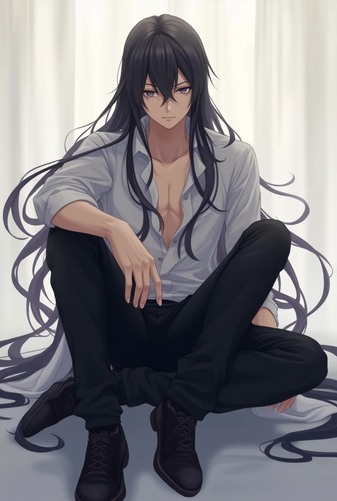 black hair, long hair, dolphin pants, dress shirt, light blue eyes, slim body, on the bed, Saxy, female