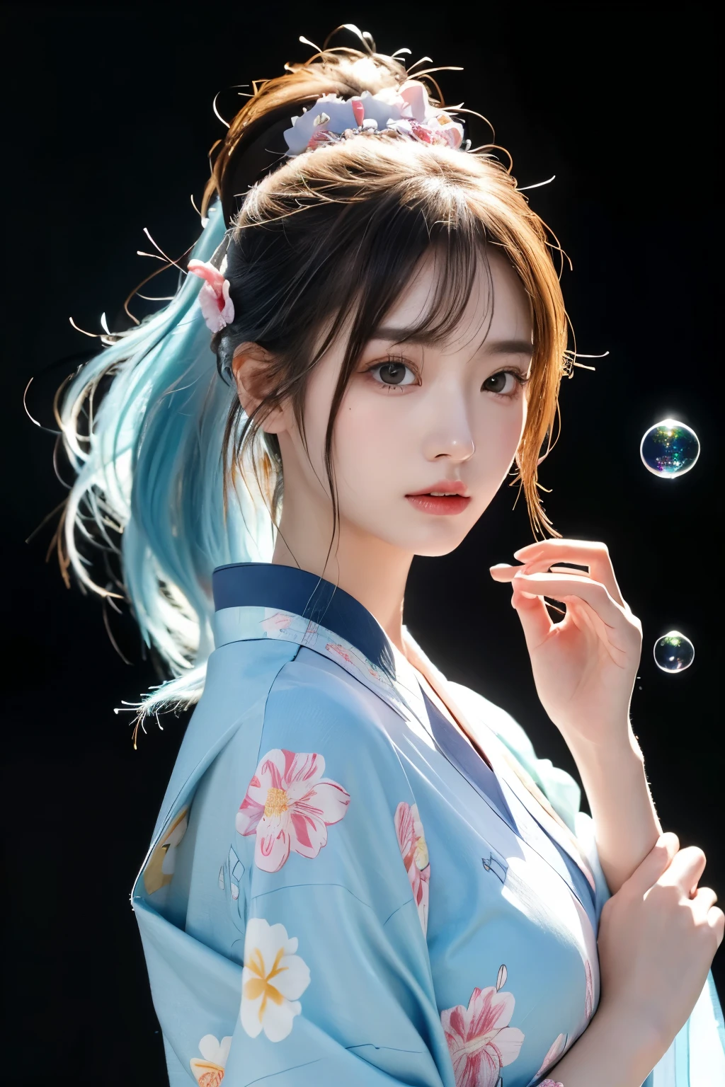 (masterpiece), (Best quality), (Supene),(Messy hair),(illustration), (1 Girl), (Fashion), Standing, fashion model, Looking at the audience, (interview), (Simple background),Beautiful detailed eyes, Delicate and beautiful face, floating,(High Saturation),(Colorful splash),Colorful bubbles,(shining), Focus on the face,  Ponytail, Kamisato Ayaka, Light blue hair, bangs, Hair band, Floating flowers, Floating hair, (shining), Optimal lighting, The best shadow,Landscape、kimono、
