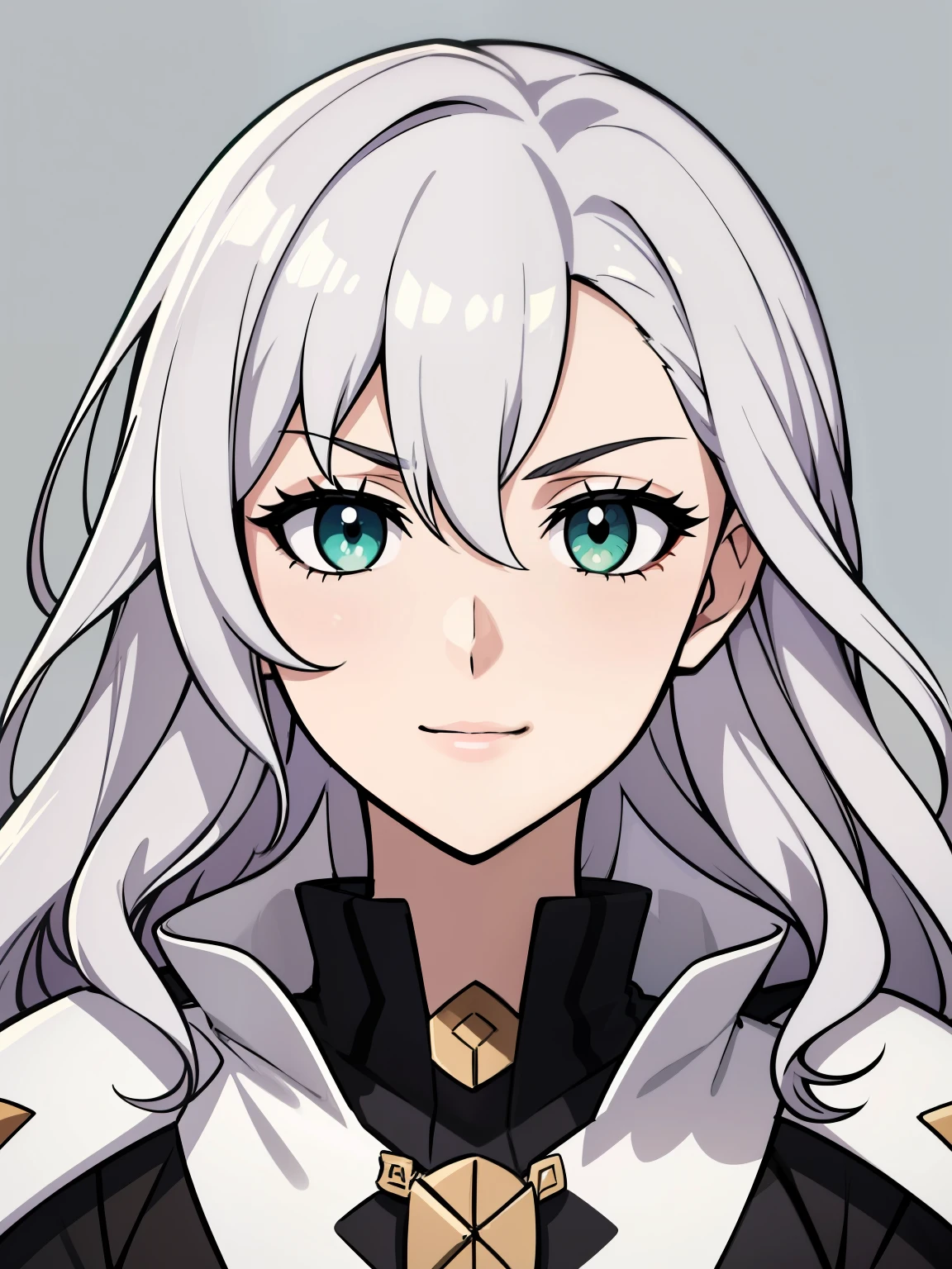 (high-quality, breathtaking),(expressive eyes, perfect face) 1girl, female, portrait, solo, young adult, neutral expression, cute smile, Symmetrical Eyes, Symmetrical ears, grey background, mercenary, gauntlet, cape, medium hair, wavy spiky hair, fire emblem three houses art style, white hair, green eyes
