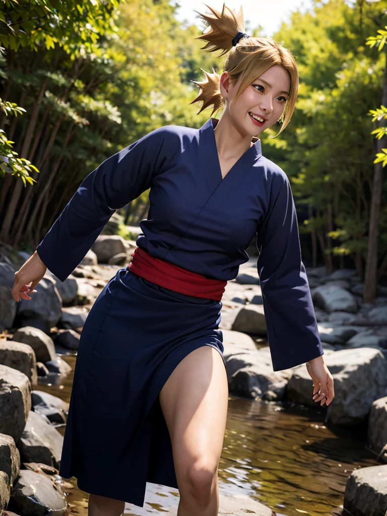 1 girl,  ytemari , blonde hair,  ponytail , blue eyes,  fishing net ,  black clothes ,  black yukata set ,  waistband ,  street art set, laugh, front view, STAND,  Skirt adjustment ,  Cool color , masterpiece,  best quality ,  high definition ,  Straight look , spread legs,  In the forest , mỉm laugh,  Contempt look , medium chest, beautiful nipples, Sleeves , Sexy, walk,  In the village 
