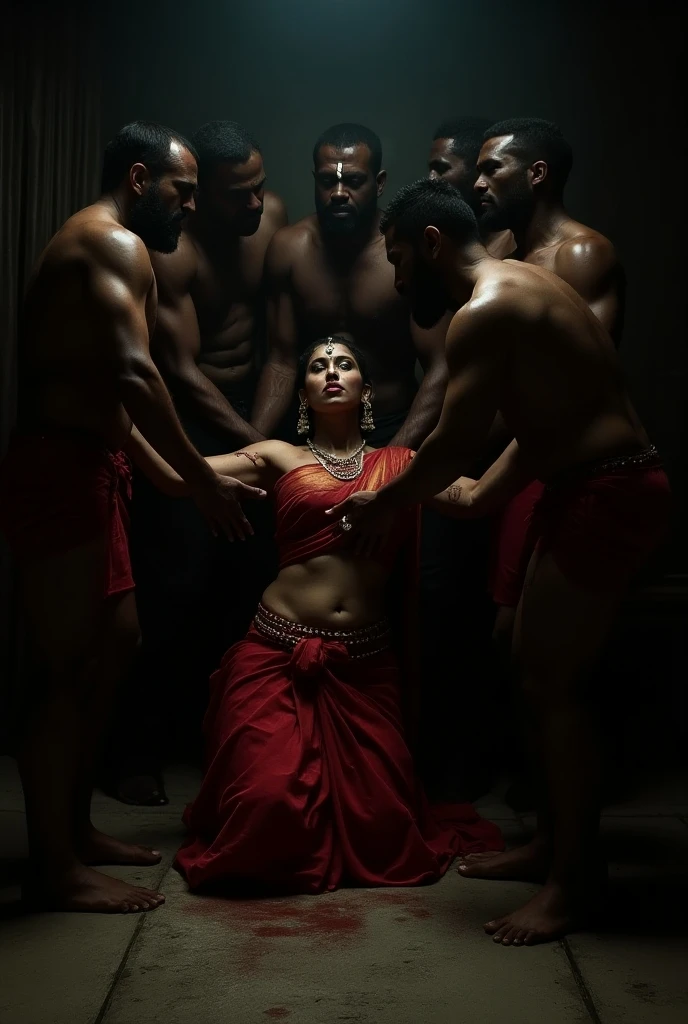Create a scene where a smiling and beautiful Indian actress in black saree is carrying a large man on her shoulders inside a dark room, man is sitting on her shoulders , dynamic lighting 
