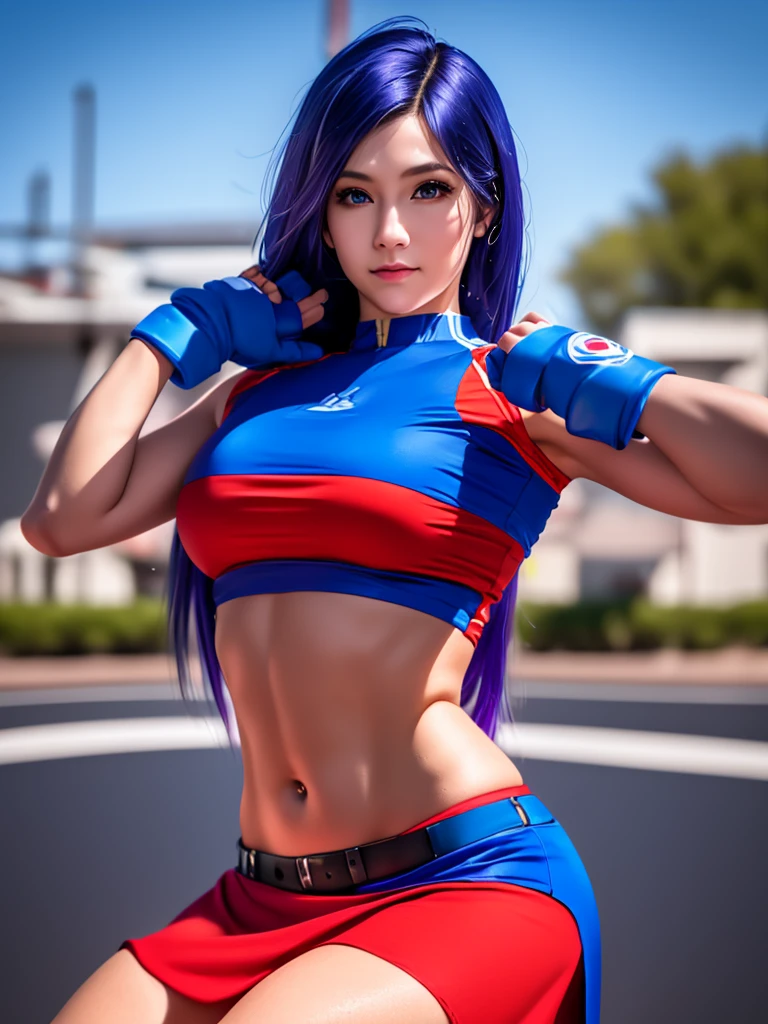 20 year old woman, alone, alone, athletic, sexy body, wears short red skirt, wears blue shorts under the skirt, wears red and blue top, wears blue exercise gloves that cover her entire forearm, long blue hair loose, wears blue sneakers, looks at the viewer seriously, cinematic, ultra-sharp focus, award-winning photography, perfect contrast, high sharpness, depth of field. ultra detailed photography, global illumination, fluid, ultra high definition, 8k, Unreal Engine 5, ultra sharp focus, award winning photography, art season trends,
