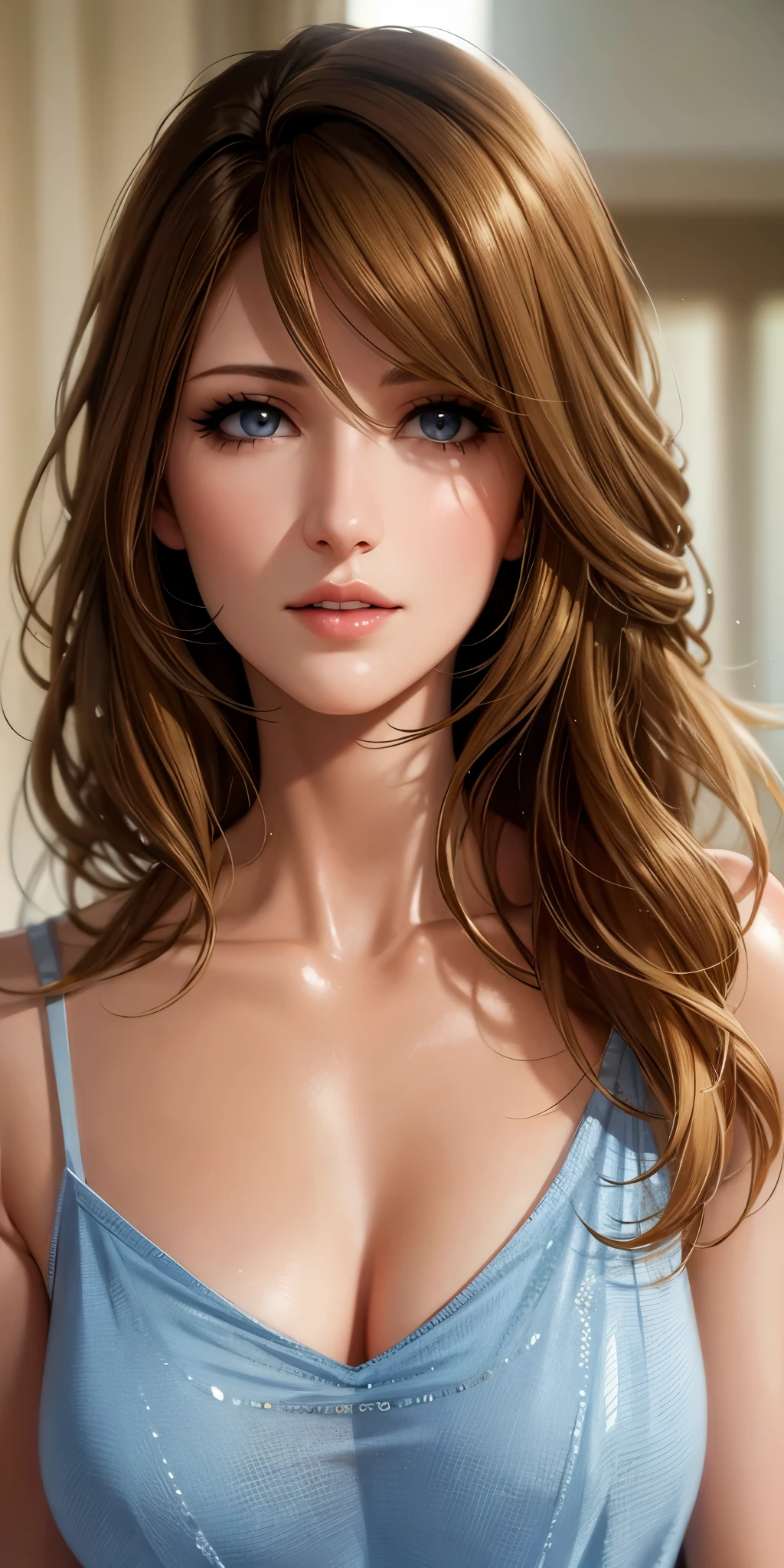 Elegant mature female, blonde hair, elegant hairstyle, swept bangs, soft light, high detailed, 4k resolution, high quality, beautiful cg, 