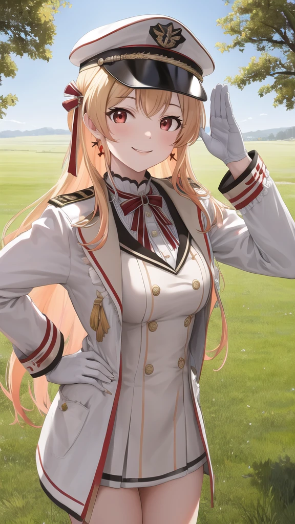 masterpiece, best quality, highres, kanadeyj, long hair, one side up, hair ribbon, hair ornament, ahoge, red eyes, peaked cap, earrings, medium breasts, military uniform, epaulettes, (white shirt:1.2), white sleeves, long sleeves, white pants, idolmaster, cowboy shot, standing, outdoors, salute, hand on hip, smile