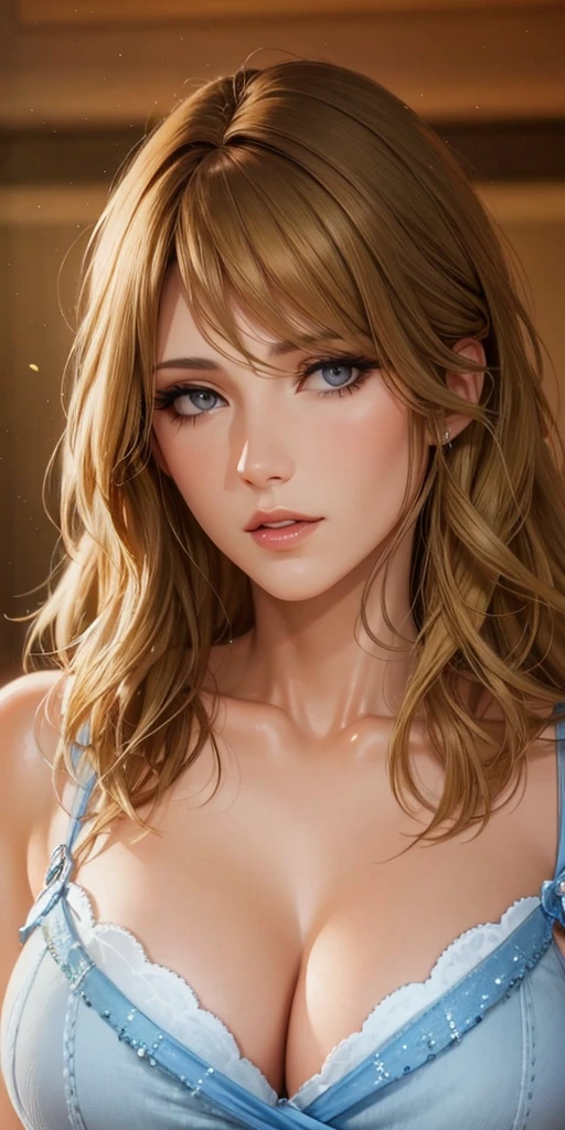 Elegant mature female, blonde hair, elegant hairstyle, swept bangs, soft light, high detailed, 4k resolution, high quality, beautiful cg, 