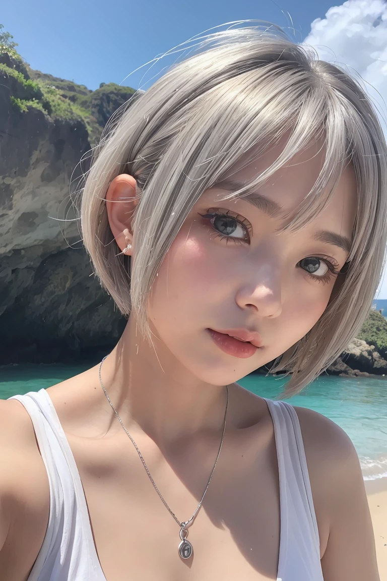 Female character with short black hair with a tuft covering both eyes and white hair tips in a red bikini