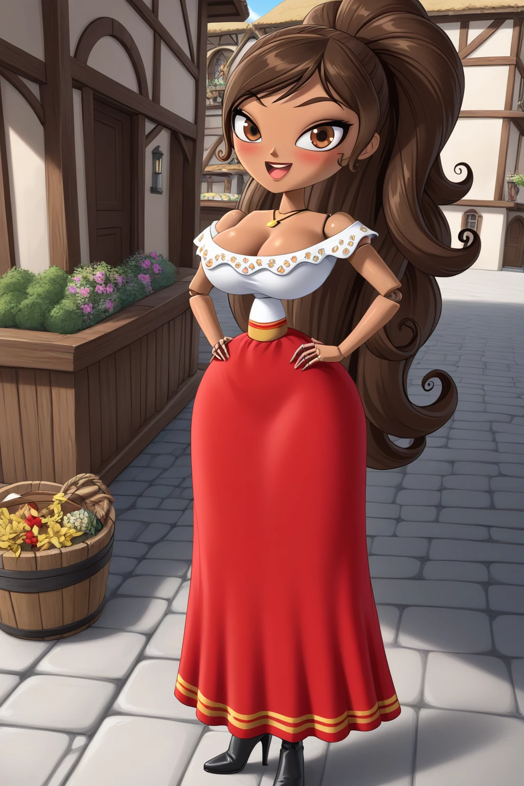 1girl, long hair, ponytail, joints, dark skin, Brown Hair, village, day, embarrassed face, smile, super blushing, Big breasts, dark skin, solo, 1 girl, looking at viwer, front view, standing, wood skin, necklace, cleavage, bare shoulders, off shoulder, white blouse, red skirt, Long skirt, black boots heels, Brown skin, pov front view, front view, sexy body, front view, pov front view, dark areole, two breasts out dress, dark nipples, pull down blouse, seductive mouth, Open mouth, oval mouth