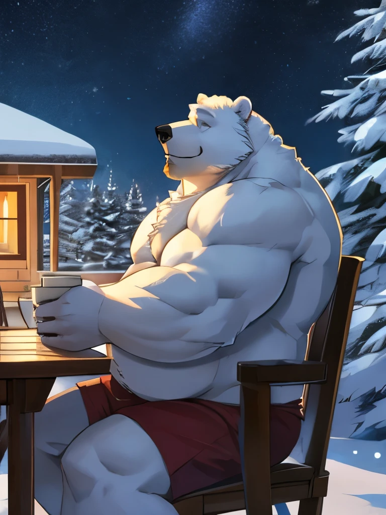 lucusold, lanxus, a man with a huge belly, furry white bear, polar bear, fat ripped:1.2, chubby, more chubby, smile, sitting in Terance, Atlantic, snow, beer, muacular, pectoral, holding beer, thicc, lowres, giant and fat, danbooru and artstation, heavy detailed, insanely inflated hips, topless, shorts, proportionally arms, fluffy chest, commission for high res, detailed but rough, semirealistic:1.3