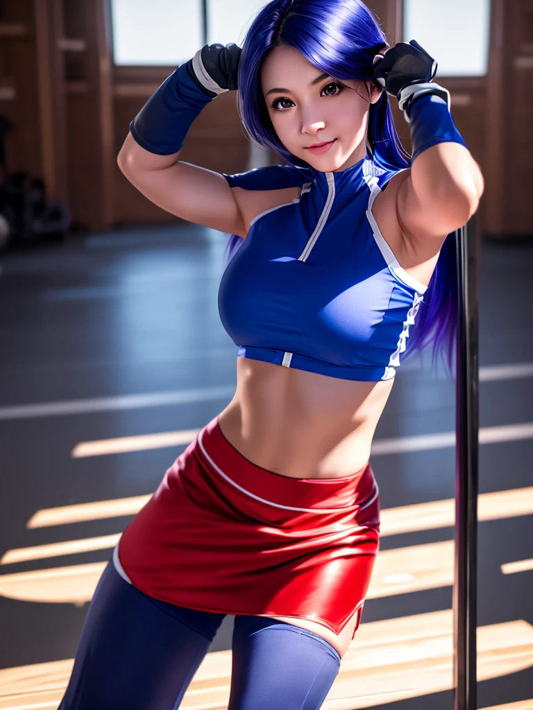 20 year old woman, alone, alone, athletic, sexy body, wears short red skirt, wears blue shorts under the skirt, wears red and blue top, wears blue exercise gloves that cover her entire forearm, long blue hair loose, wears blue sneakers, looks at the viewer seriously, cinematic, ultra-sharp focus, award-winning photography, perfect contrast, high sharpness, depth of field. ultra detailed photography, global illumination, fluid, ultra high definition, 8k, Unreal Engine 5, ultra sharp focus, award winning photography, art season trends,
