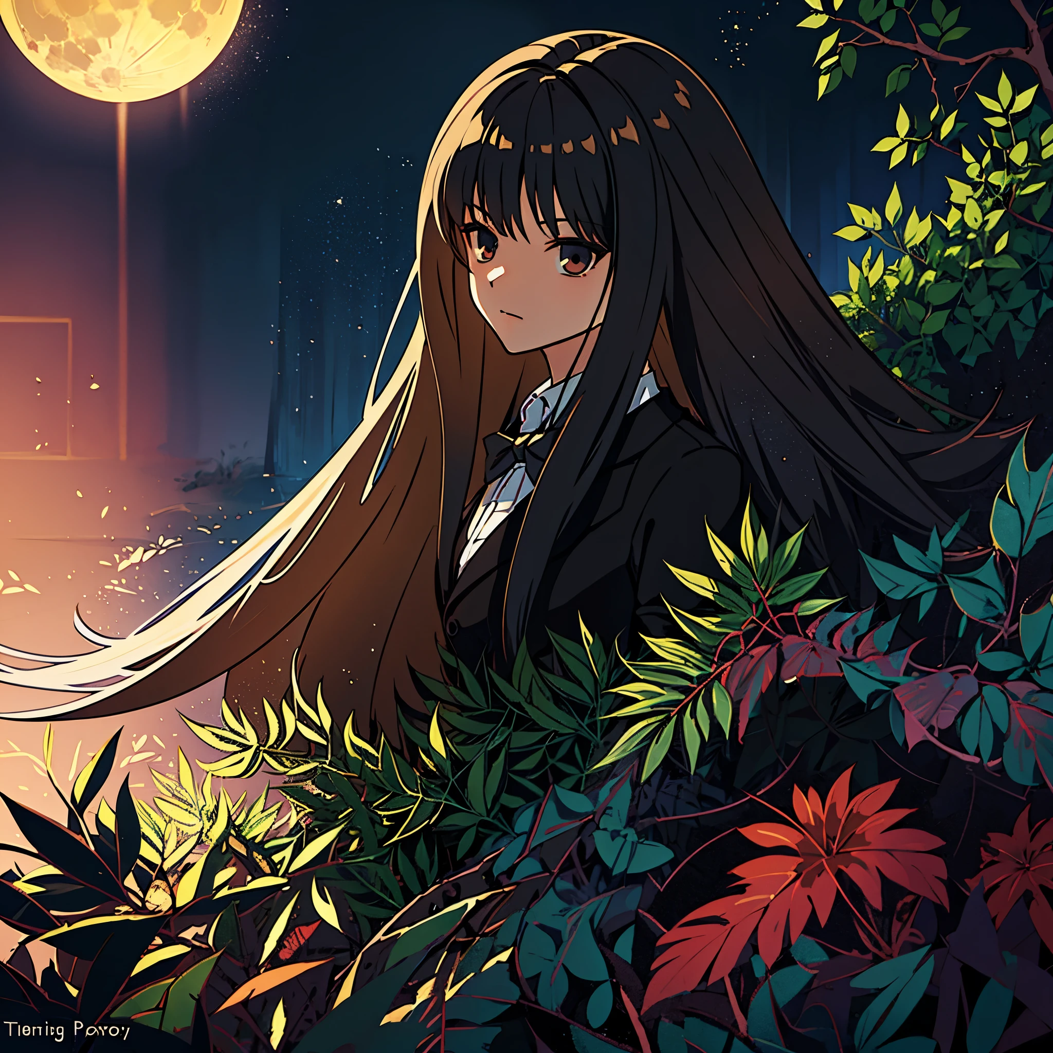 path in the forest, Beautiful girl, long black hair, dark eyes, wearing a brown blazer, winter school uniform, dark brown ribbon, looking at the viewer with a stern expression on a moon night, anime style, intricate details, line:-3.5, hyper detailed, sharpen, 16k, plain, masterpiece, intense gaze, dark eyelashes, slightly hanging eyes, (black stockings), black skirt,