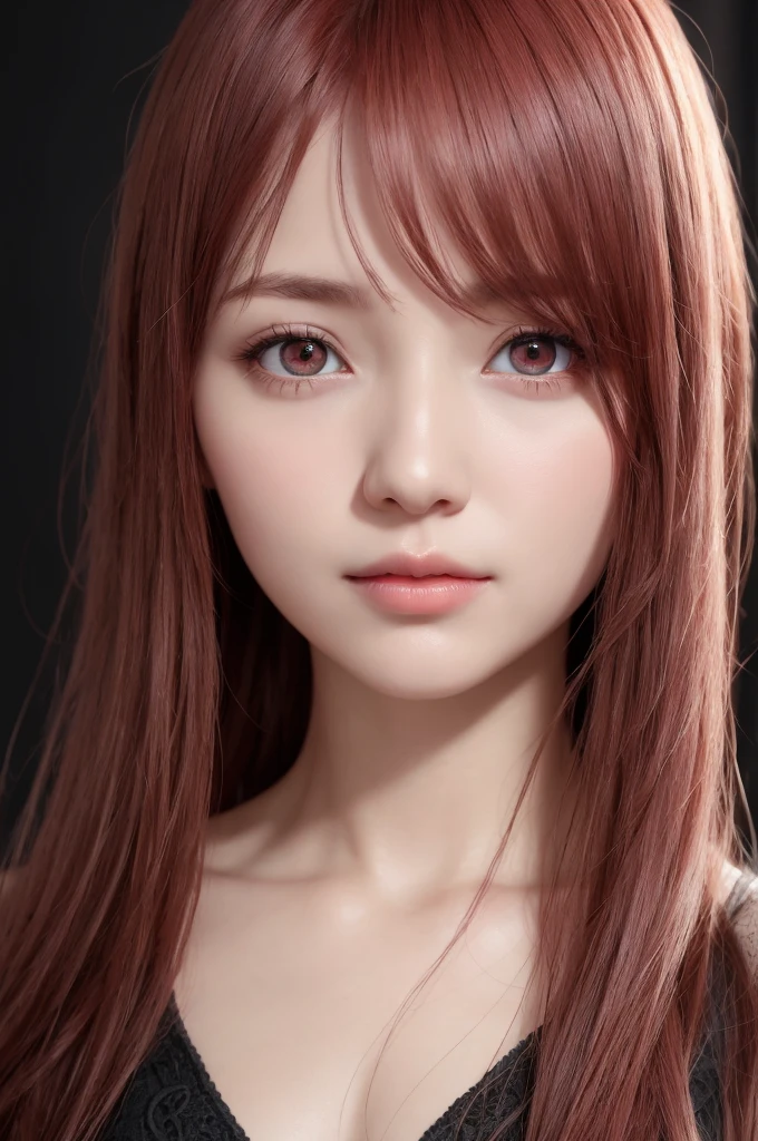 1girl, star eye, blush, perfect illumination, red hair, red eyes, unreal engine, sidelighting, detailed face, bangs, bright skin, simple background, dark background, 