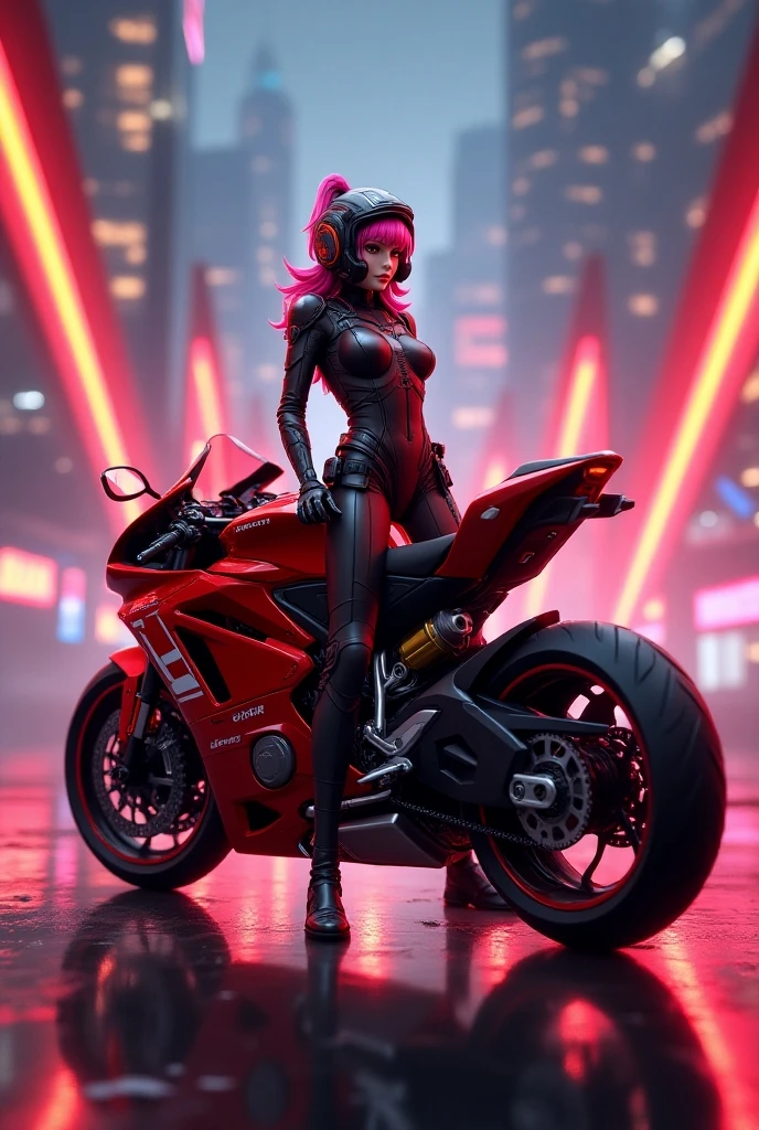 medium shot, low shot, low angle, gorgeous female sits on a futuristic motorcycle, cyberpunk, futuristic city, hd, ultra detailed, 8k, ultra sharp, 85mm, f2.4