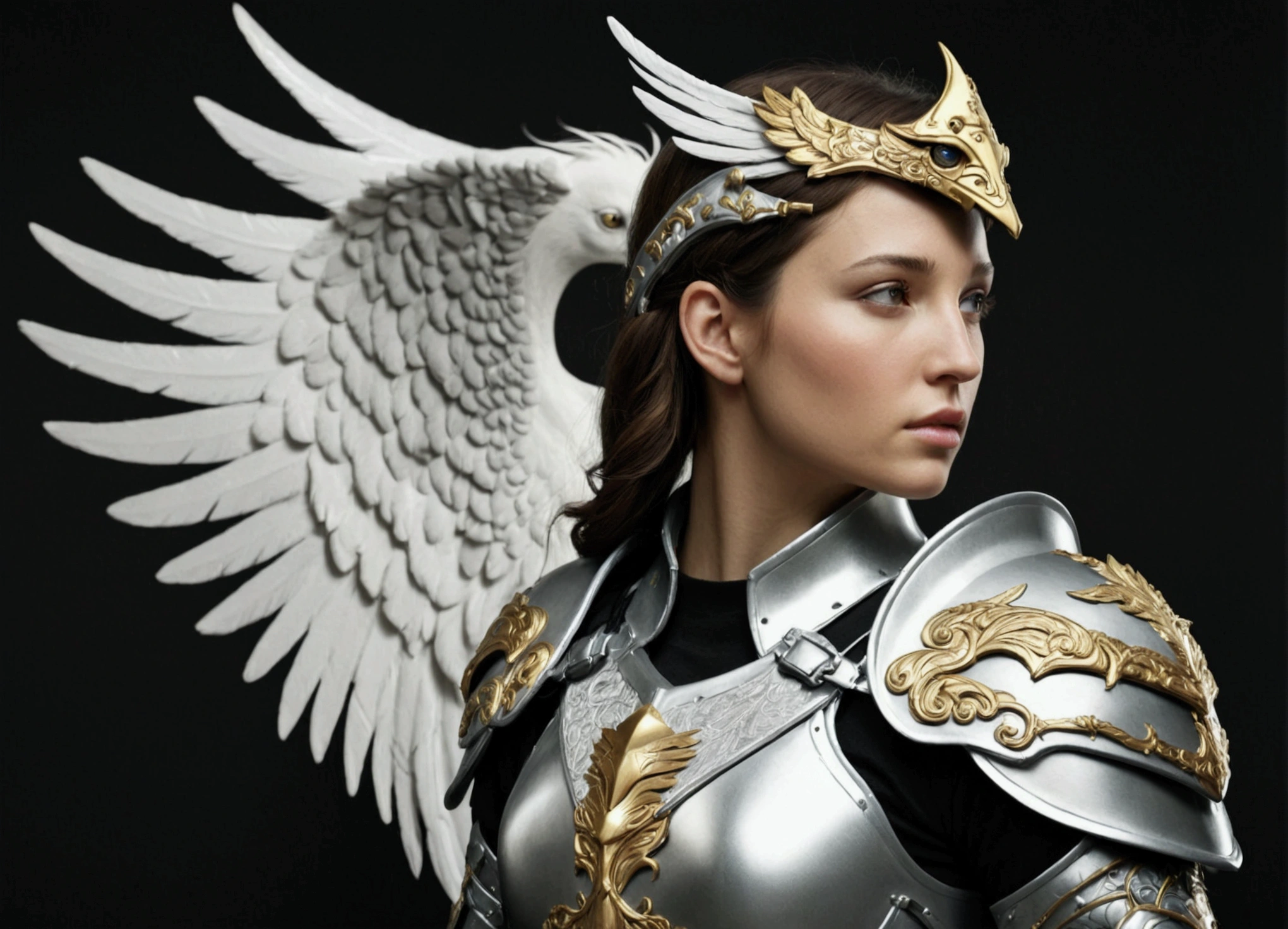 realistic, woman wearing Pegasus armor 