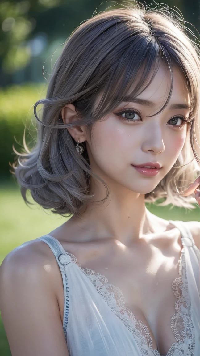 (Thin eyebrows)、(((((Closed mouth)))))、((Very strong sunlight))、((((Beautiful silver hair))))、((small head))、(Beautiful silver hair with short wavy:1.2)、FULL BODYSHOT、(((8K, Raw photography)))、 (((The face is Enako of a cosplayer)))、(extremely delicate and beautiful)、(​masterpiece)、(top-quality:1.0)、(超A high resolution:1.0)、realistic shadow、[hight resolution]、 Detailed skin、ultra-detailliert、(Beautiful hair)、Photorealsitic、Lifelike face、big breasts thin waist、realisticeyes、Small eyes、is looking at the camera、(((between breasts)))、(eye liner)、(mascara)、 Lips with pink lips、((Very happy smile))、Show shoulders、Complex patterns and transparent materials、Artistic depiction of seductive women, Emphasizes her charming silhouette。The scene is、Basking in the hot sun、It makes you feel the delicate beauty and charm of nature。(((intricate detailes))、gargantilha、NSFW, (((Enameled ultramarine and silver corset)))、(beaming)