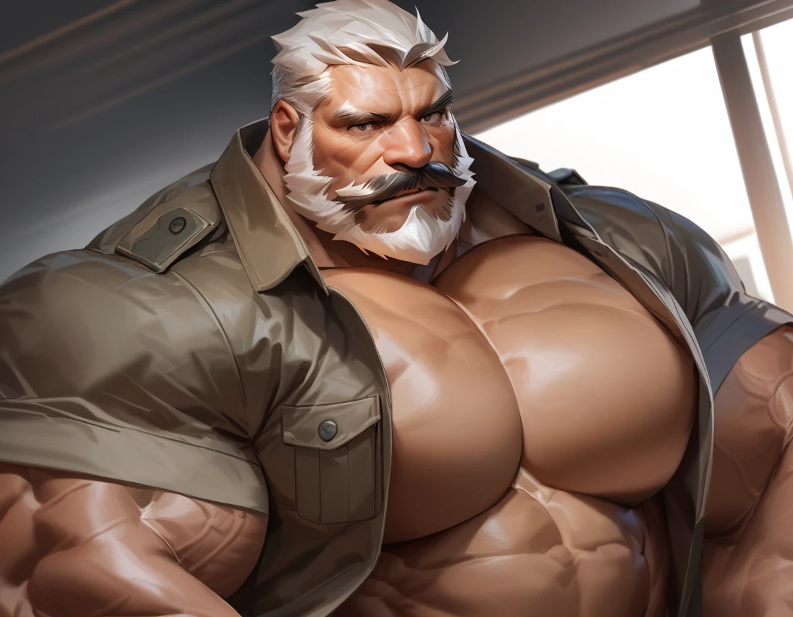 by_lindong, solo, 1boy, Muscular old man, soldier, wearing soldier uniform, soldier shirt, open shirt, wide shoulder, (wide pec, massive pec muscle), thick arms, short white hair, beard, mustache, detailed, masterpiece, semirealistic:1.2, high detailed, 8k, high resolution