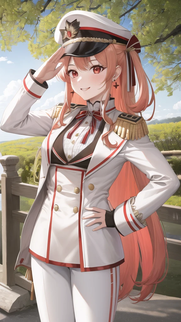 masterpiece, best quality, highres, kanadeyj, long hair, one side up, hair ribbon, hair ornament, ahoge, red eyes, peaked cap, earrings, medium breasts, military uniform, epaulettes, (white shirt:1.2), white sleeves, long sleeves, white pants, cowboy shot, standing, outdoors, salute, hand on hip, smile