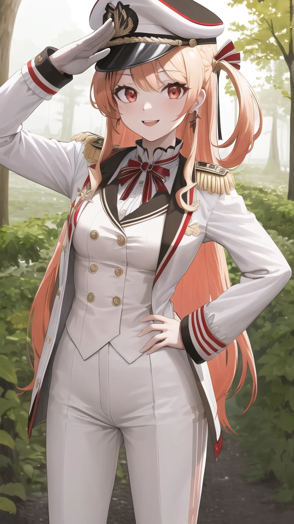 masterpiece, best quality, highres, kanadeyj, long hair, one side up, hair ribbon, hair ornament, ahoge, red eyes, peaked cap, earrings, medium breasts, military uniform, epaulettes, (white shirt:1.2), white sleeves, long sleeves, white pants, cowboy shot, standing, outdoors, salute, hand on hip, smile