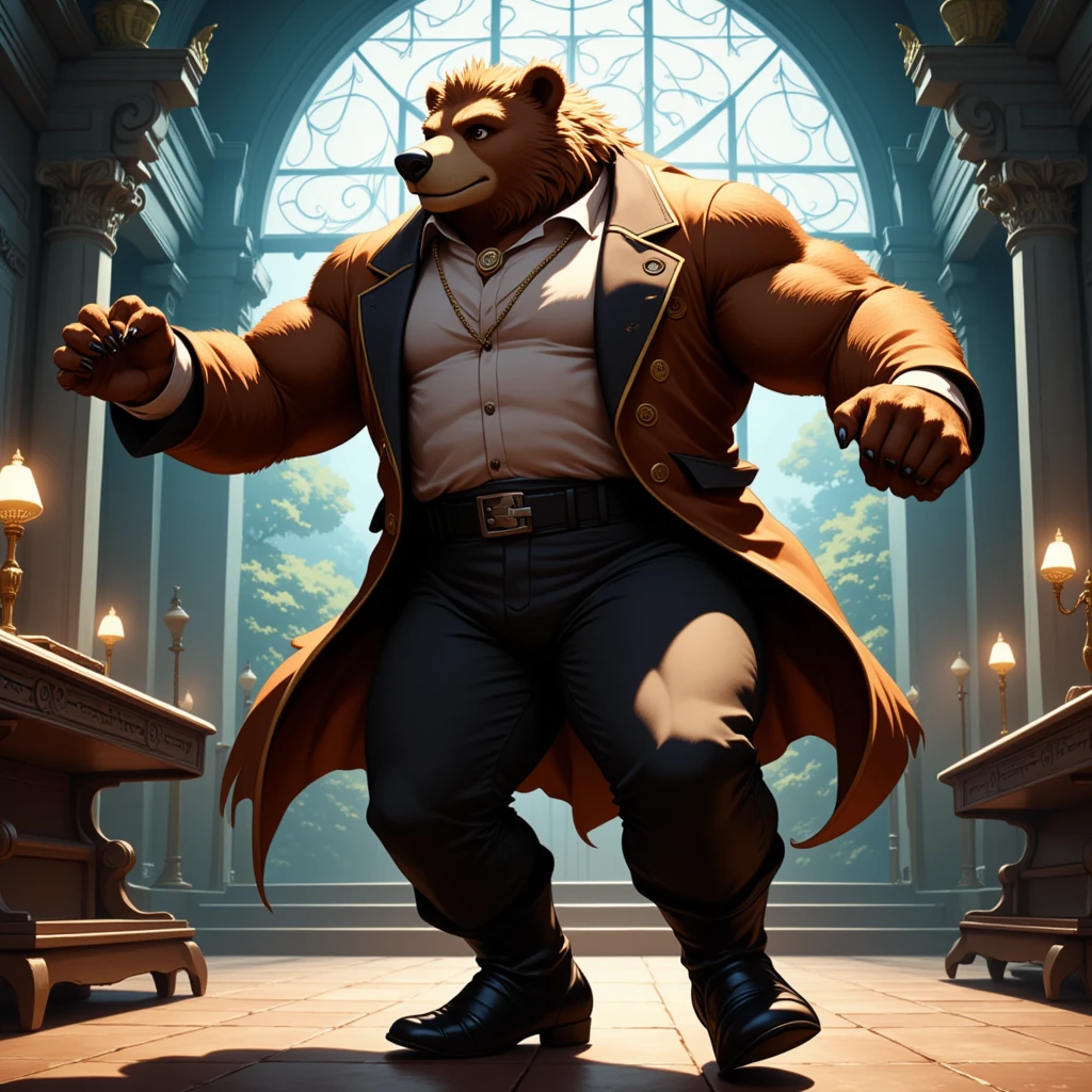 masquerade, a muscular middle-aged bear man, light smile, clothed, flamboyant, pants, boots, beautiful mask, tailcoat, dancing, detailed painting landscape, moonlit night, grand ballroom, indoor, BREAK full body in Michelangelo Buonarroti style, housamo style, digital illustration anime, character focus, full body, looking away, dynamic angle, niji6, BREAK complete anatomy, perfect proportions, beautiful thigh gap, fluffy body, intricate fur details, beautiful fur texture, BREAK detailed bear tail, detailed boots, beautiful foot, detailed hands, 5fingers, 5fingers nails, BREAK aesthetic anime face, insanity detailed face, male face, big face, square jawline, aesthetic anime eyes, detailed brown eyes, detailed brown cornea, detailed dark brown irises, detailed pupils, male eyes, big eyes, male eyebrows, innocent look, beautiful beard, BREAK masterpiece, official art, best quality, very aesthetic, absurdres, super fine illustration, great quality, BREAK noise reduction, very highres, large filesize, high quality, 32K, 8k wallpaper, dynamic lighting, BREAK insanity detailed, ultra detailed, intricate details, extremely detailed, detailed texture, an extremely delicate and beautiful, full color, HDR, BREAK e621 illustration, osukemo, kemohomo, anthropomorphic, furry, cartoon, harmonious eyes, pastoral face, virtuous body, epic atmosphere